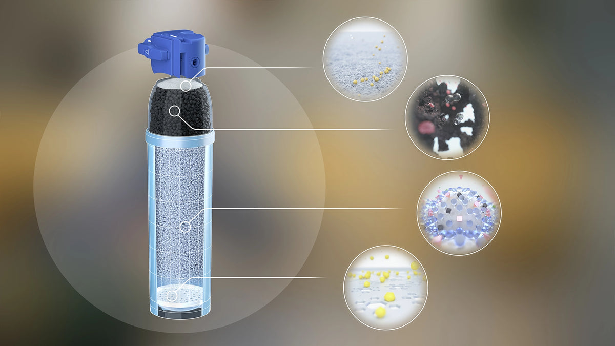 Load video: Under-sink water filter cartridge shown from different views